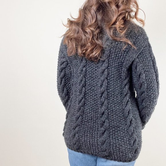 Vintage Handmade Wool Cable Knit Oversized Sweater Chunky Aran Preppy Fisherman - Picture 2 of 6